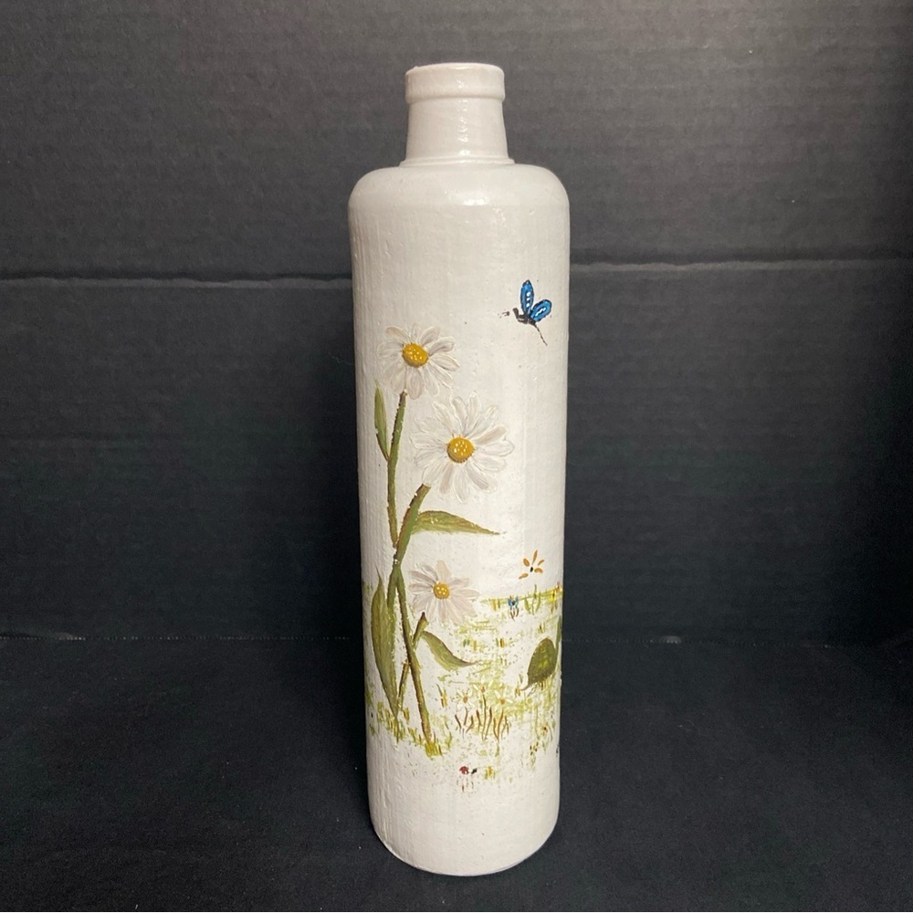 Vtg Stoneware‎ Pottery Bottle Vase Vessel Hand Painted Flowers Turtle
